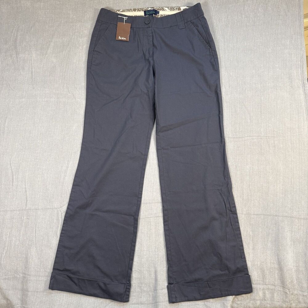 Boden Pants Womens 14L Blue Wide Leg Dress Trousers Cuffed Stretch NEW